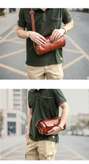 Brown Leather Mens Casual Bucket Shoulder Bag Barrel Messenger Bags Postman Bag For Men