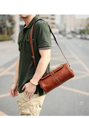Brown Leather Mens Casual Bucket Shoulder Bag Barrel Messenger Bags Postman Bag For Men