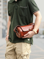 Brown Leather Mens Casual Bucket Shoulder Bag Barrel Messenger Bags Postman Bag For Men