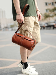 Brown Leather Mens Casual Bucket Shoulder Bag Barrel Messenger Bags Postman Bag For Men
