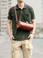 Brown Leather Mens Casual Bucket Shoulder Bag Barrel Messenger Bags Postman Bag For Men