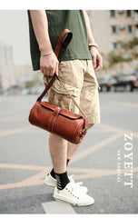 Brown Leather Mens Casual Bucket Shoulder Bag Barrel Messenger Bags Postman Bag For Men