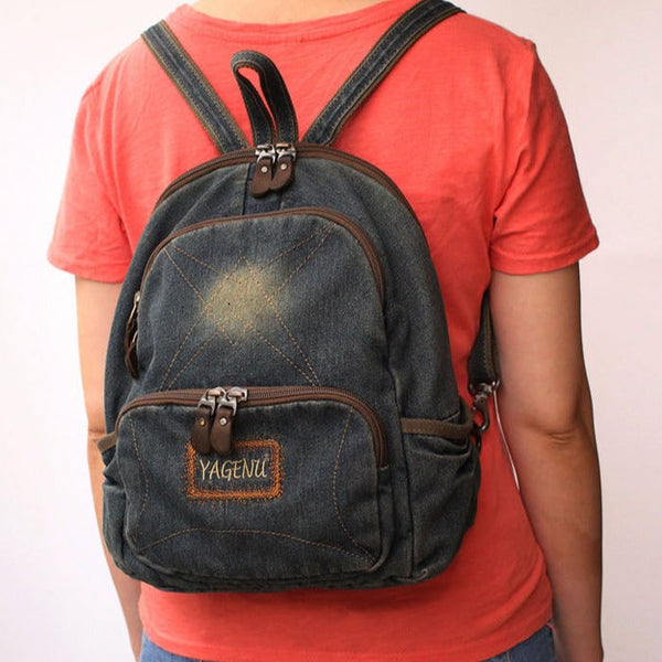 Vintage Denim Backpack School Backpack Womens Blue - Back View
