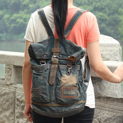 Denim Blue Mens Large Backpack School Backpacks Barrel Blue Large Jean Travel Backpack For Men