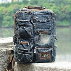 Denim Blue Mens 14 inches Backpack School Backpack Blue Jean Travel Backpack For Men - EverHandmade