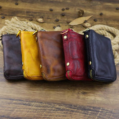 Brown Men Leather Zip Billfold Small Chain Wallet with Coin Pocket Biker Bifold Chain Wallet for Men
