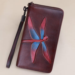 Dragonfly Coffee Leather Wristlet Wallets Womens Zip Around Wallet Ladies Zipper Clutch Wallets for Women