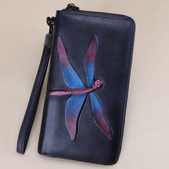 Dragonfly Brown Leather Wristlet Wallets Womens Zip Around Wallet Ladies Zipper Clutch Wallets for Women