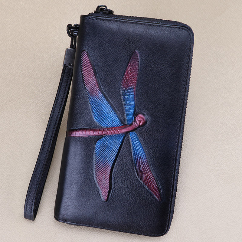 Dragonfly Gray Leather Wristlet Wallets Womens Zip Around Wallet Ladies Zipper Clutch Wallets for Women