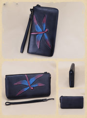 Dragonfly Blue Leather Wristlet Wallets Womens Zip Around Wallet Ladies Zipper Clutch Wallets for Women