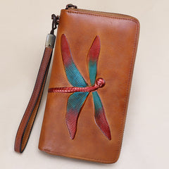 Dragonfly Blue Leather Wristlet Wallets Womens Zip Around Wallet Ladies Zipper Clutch Wallets for Women