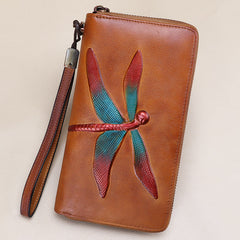 Dragonfly Gray Leather Wristlet Wallets Womens Zip Around Wallet Ladies Zipper Clutch Wallets for Women