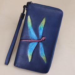 Dragonfly Blue Leather Wristlet Wallets Womens Zip Around Wallet Ladies Zipper Clutch Wallets for Women