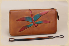 Dragonfly Gray Leather Wristlet Wallets Womens Zip Around Wallet Ladies Zipper Clutch Wallets for Women
