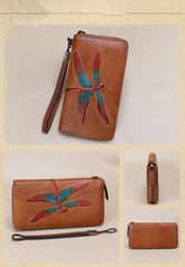 Dragonfly Green Leather Wristlet Wallets Womens Zip Around Wallet Ladies Zipper Clutch Wallets for Women