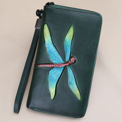 Dragonfly Blue Leather Wristlet Wallets Womens Zip Around Wallet Ladies Zipper Clutch Wallets for Women