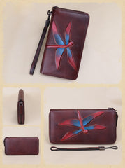 Dragonfly Blue Leather Wristlet Wallets Womens Zip Around Wallet Ladies Zipper Clutch Wallets for Women