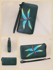 Dragonfly Green Leather Wristlet Wallets Womens Zip Around Wallet Ladies Zipper Clutch Wallets for Women