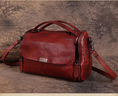 Hand-Dyed Vintage Womens Leather Handbags Red Side Bag Green SHoulder Bag Purse for Ladies