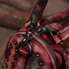 Hand-Dyed Vintage Womens Leather Handbags Red Side Bag Green SHoulder Bag Purse for Ladies