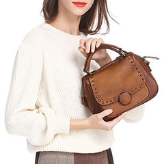 Purple Vintage Womens Leather Rivet Handbag Brown Side Bag Satchel Bag Purse for Ladies