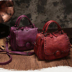 Purple Vintage Womens Leather Rivet Handbag Brown Side Bag Satchel Bag Purse for Ladies