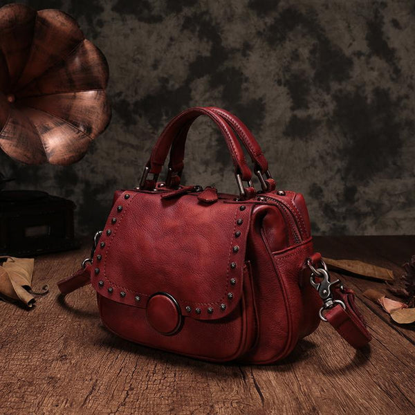 Red Vintage Womens Leather Rivet Handbag Brown Side Bag Satchel Bag Purse for Ladies