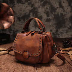 Purple Vintage Womens Leather Rivet Handbag Brown Side Bag Satchel Bag Purse for Ladies