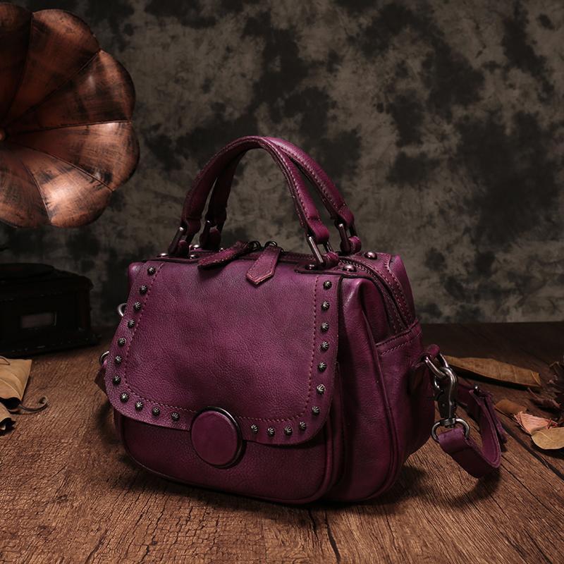 Purple Vintage Womens Leather Rivet Handbag Brown Side Bag Satchel Bag Purse for Ladies