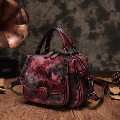 Purple Vintage Womens Leather Rivet Handbag Brown Side Bag Satchel Bag Purse for Ladies