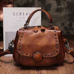 Purple Vintage Womens Leather Rivet Handbag Brown Side Bag Satchel Bag Purse for Ladies