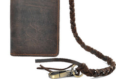 Handmade leather Vintage brown bifold biker chain wallet men long wallet purse