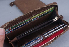 Handmade leather long wallet Vintage bifold brown zip wallet clutch purse For Men