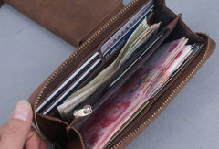 Handmade leather long wallet Vintage bifold brown zip wallet clutch purse For Men - EverHandmade
