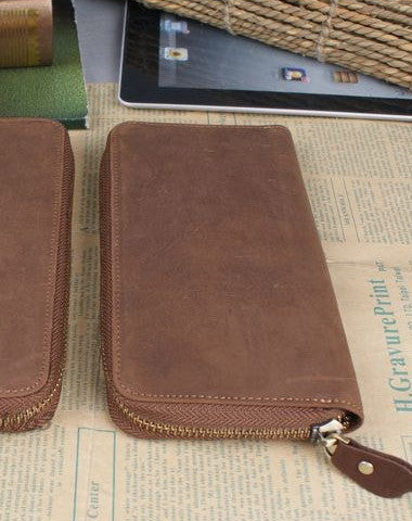 Handmade leather long wallet Vintage bifold brown zip wallet clutch purse For Men - EverHandmade