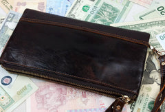 Handmade men leather Vintage brown zip wallet men long wallet purse clutch