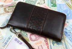 Leather men clutch Vintage brown coffee zip clutch men long wallet purse clutch
