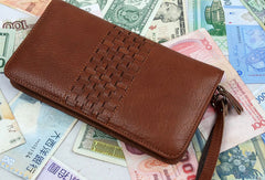 Leather men clutch Vintage brown coffee zip clutch men long wallet purse clutch