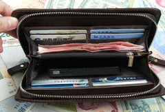 Leather men clutch Vintage brown coffee zip clutch men long wallet purse clutch