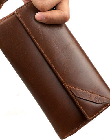 Leather men clutch modern brown coffee zip clutch men long wallet purse clutch - EverHandmade