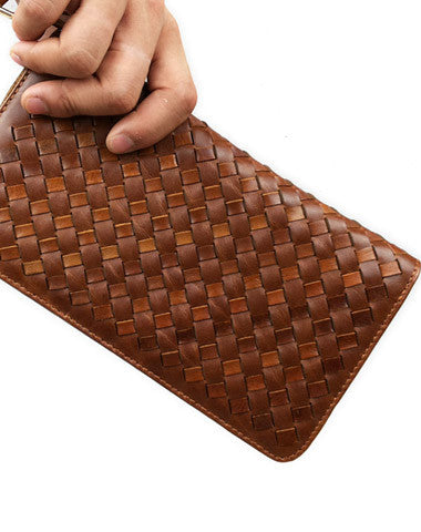 Handmade leather men modern brown coffee weave zip clutch men long wallet purse - EverHandmade