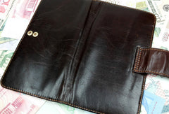 Leather men dark brown vintage clutch men multi card holders long wallet purse - EverHandmade