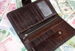 Leather men dark brown vintage clutch men multi card holders long wallet purse - EverHandmade