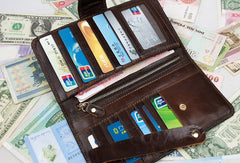 Leather men dark brown vintage clutch men multi card holders long wallet purse - EverHandmade