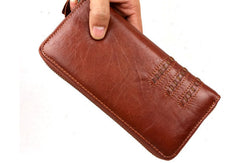 Leather men clutch brown vintage red brown zip clutch men long wallet purse clutch