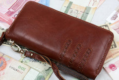 Leather men clutch brown vintage red brown zip clutch men long wallet purse clutch