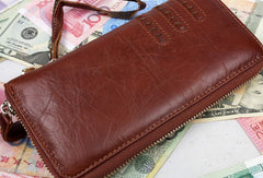 Leather men clutch brown vintage red brown zip clutch men long wallet purse clutch