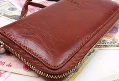 Leather men clutch brown vintage red brown zip clutch men long wallet purse clutch