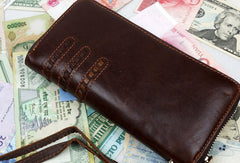 Leather men clutch brown vintage red brown zip clutch men long wallet purse clutch