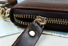 Leather men clutch brown vintage red brown zip clutch men long wallet purse clutch